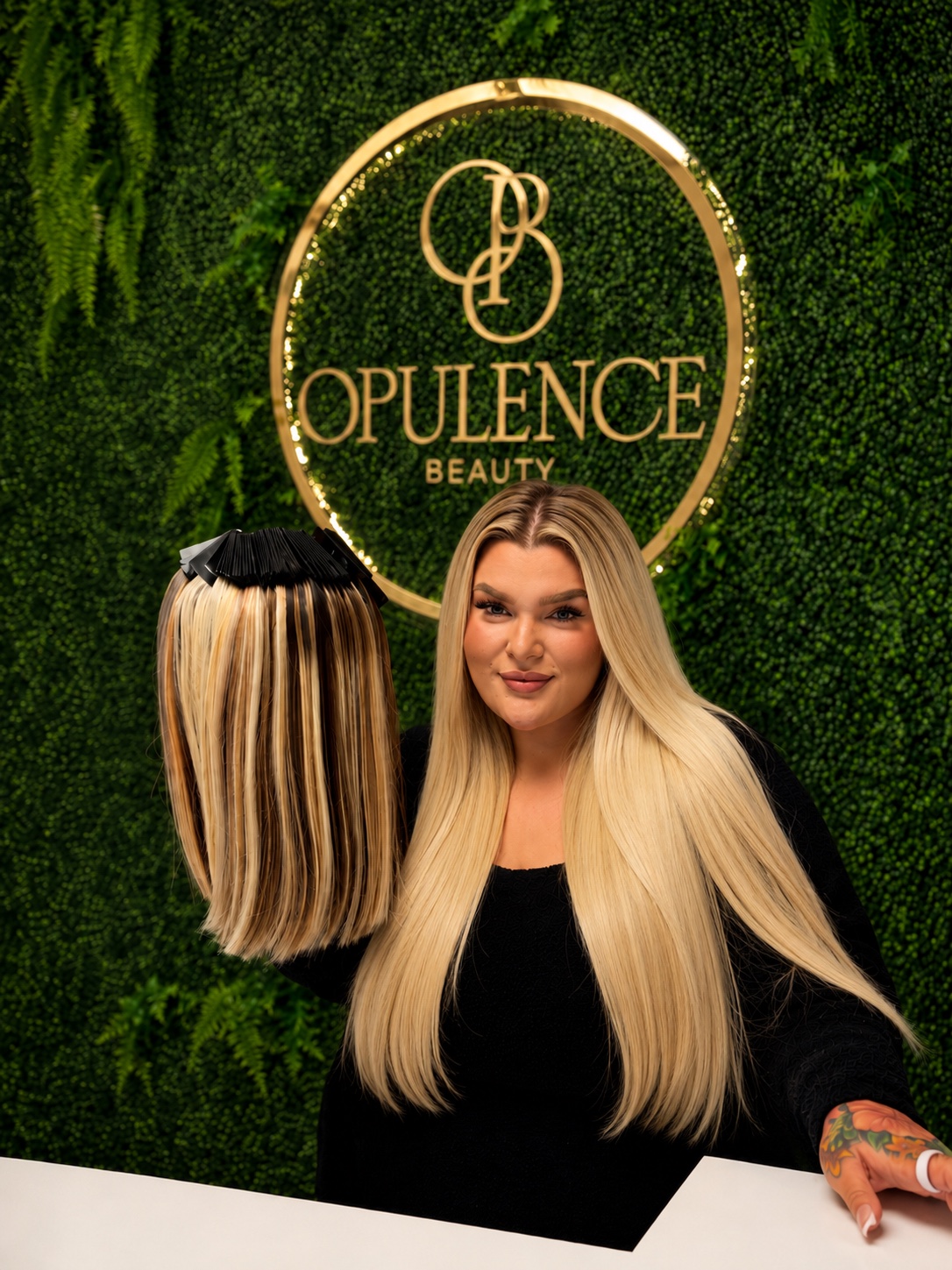 Brandi of Opulence Beauty holding luxury hair extensions