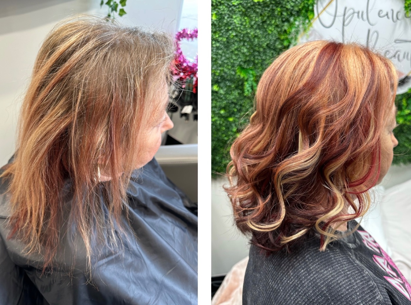 Before and after copper and auburn hair color at Opulence Beauty in Cornelius, NC near Lake Norman