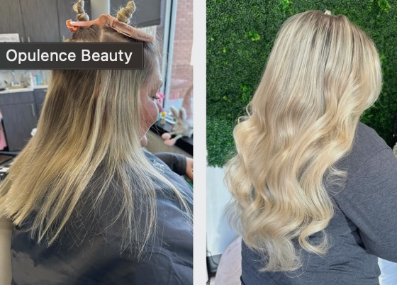 Hair extension install blended into fine hair by Opulence Beauty near Huntersville, NC