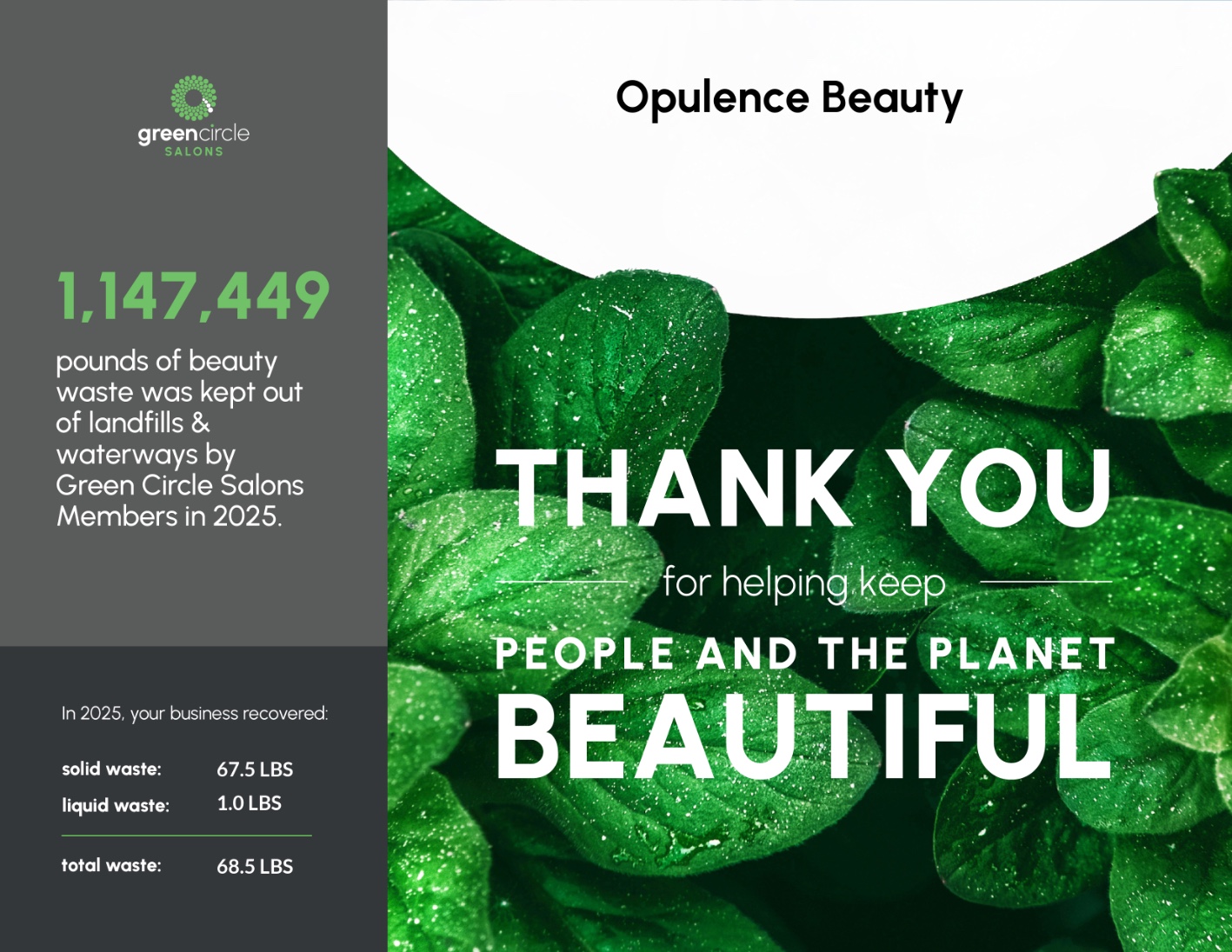 Opulence Beauty 2025 Green Circle Salons sustainability certificate — 68.5 lbs of beauty waste recovered
