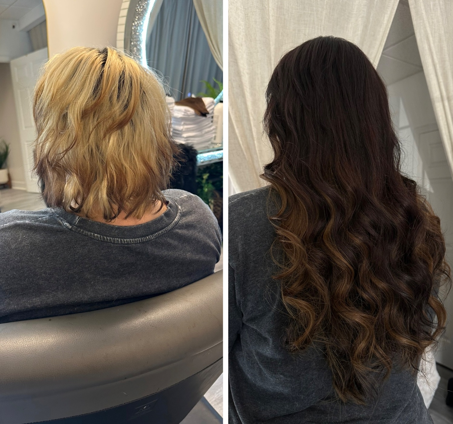 Hair extension transformation — short blonde to long brunette by Opulence Beauty
