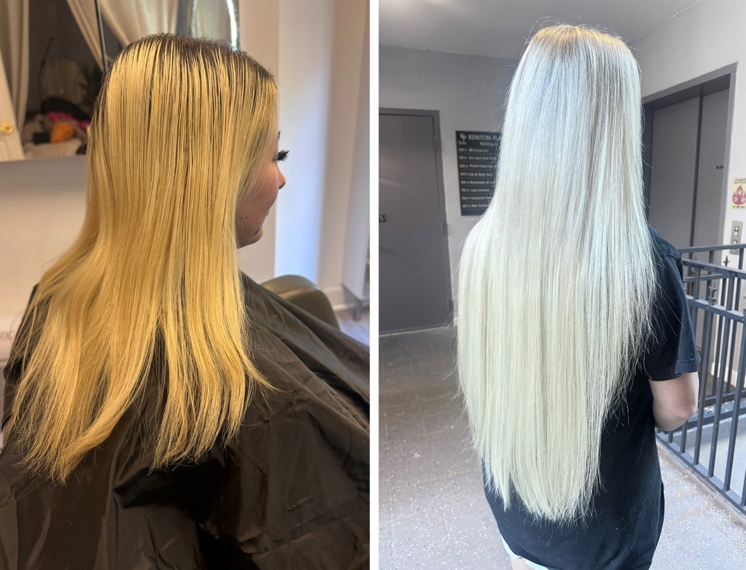 Blonding transformation — brassy yellow to icy white blonde at Opulence Beauty
